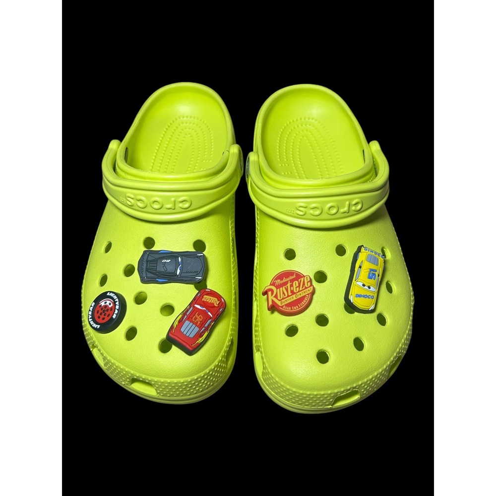 Crocs Classic Clogs Lime Green Neon Disney Pixar Cars Jibbitz Mens 6 Womens 8
